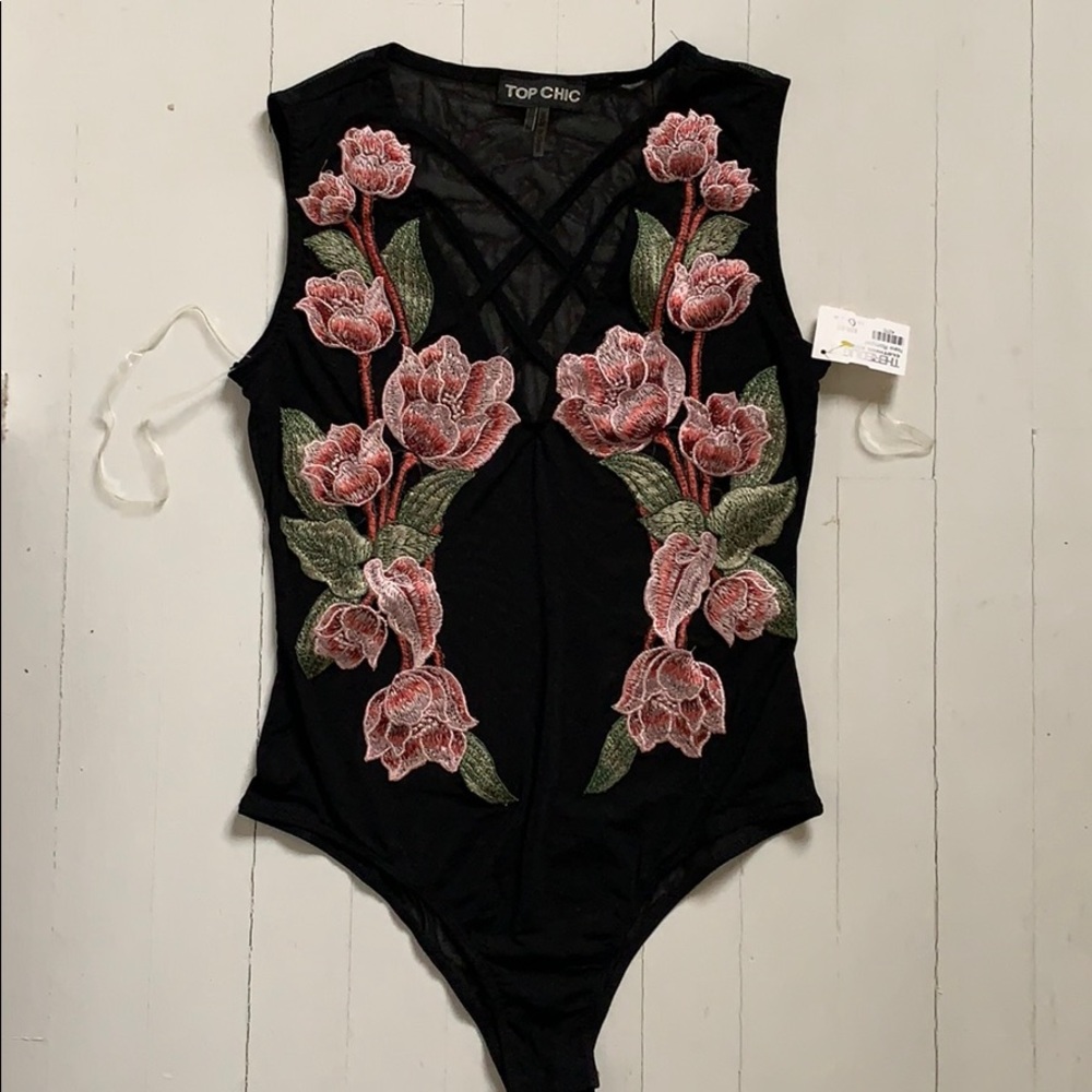 Black mesh with floral stitching body suit